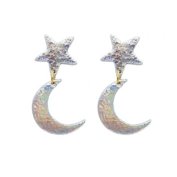 Boucles d'oreilles en cuir "Céleste" puces couleur : hologramme argenté