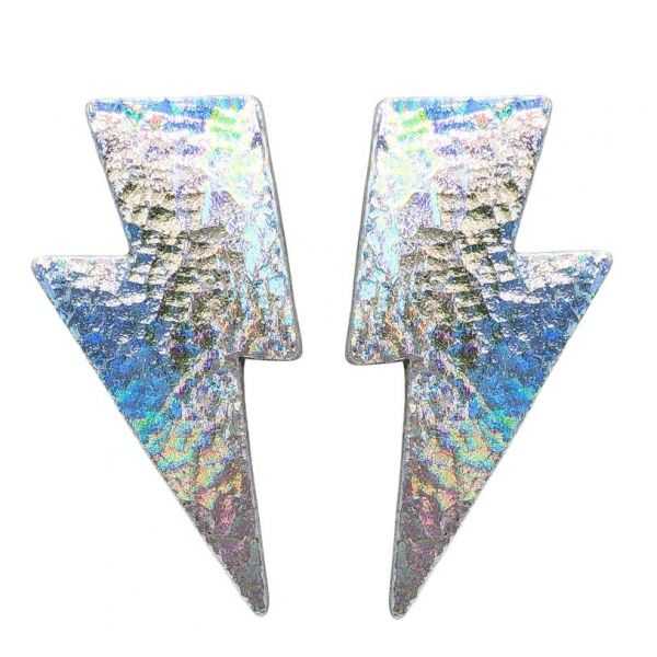 Boucles d'oreilles en cuir "Foudre" dormeuses couleur : hologramme argenté