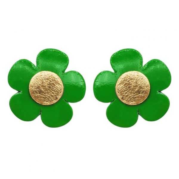 Boucles d'oreilles en cuir "Colette" puces couleurs : vert pomme et doré