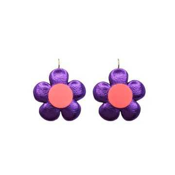 Boucles d'oreilles en cuir "Mini Colette" dormeuses couleurs : violet métallisé et rose néon