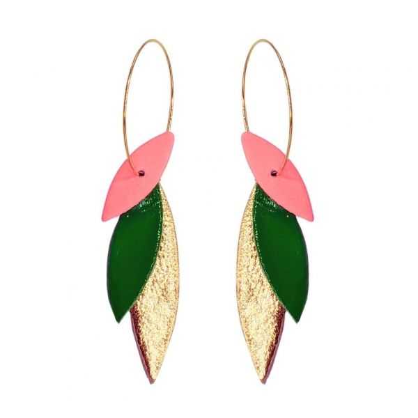 Boucles d'oreilles en cuir "Josepha" créoles trio de couleurs rose métallisé, rose néon et doré
