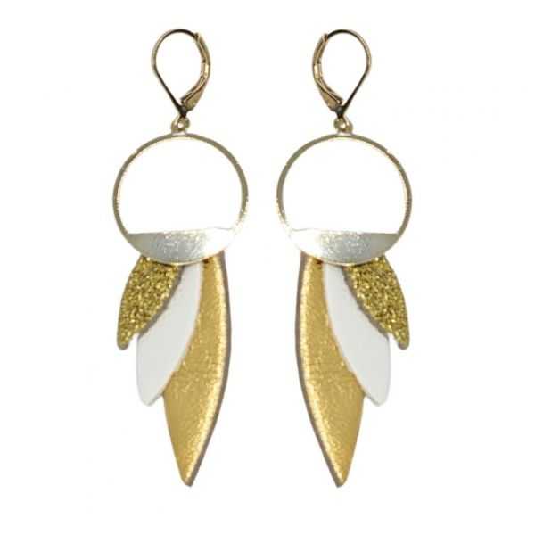 Boucles d'oreilles en cuir "Paloma" pendantes trio de couleurs doré et blanc