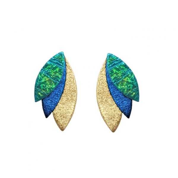 Boucles d'oreilles en cuir "Josepha" puces trio de couleurs hologramme bleuté, bleu métallisé et doré