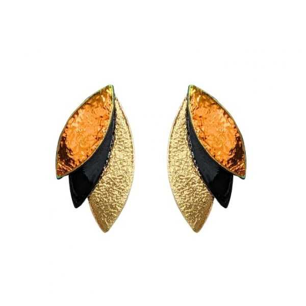 Boucles d'oreilles en cuir "Josepha" puces trio de couleurs polarisé, noir et doré