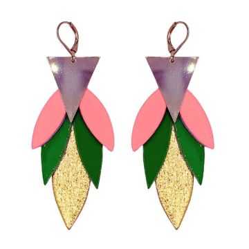 Boucles d'oreilles en cuir "Mayas" pendantes trio de couleurs rose néon, vert pomme et doré