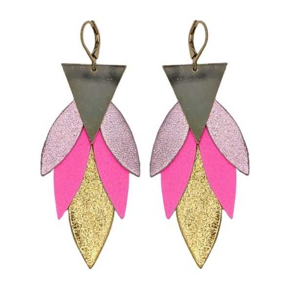 Boucles d'oreilles en cuir "Mayas" pendantes trio de couleurs rose métallisé, rose néon et doré