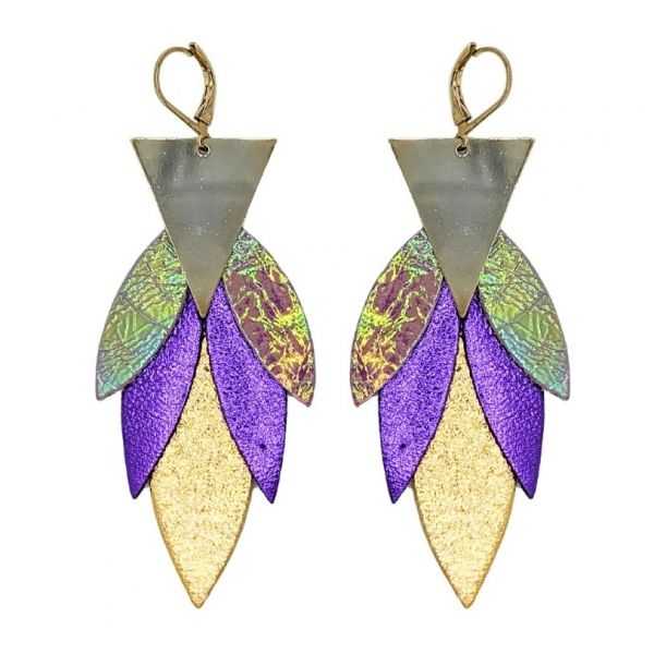 Boucles d'oreilles en cuir "Mayas" pendantes trio de couleurs hologramme rosé, violet métallisé et doré
