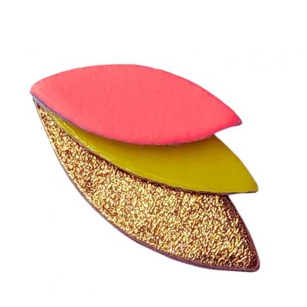 Broche en cuir "Josepha" trio de couleurs rose néon, jaune et doré