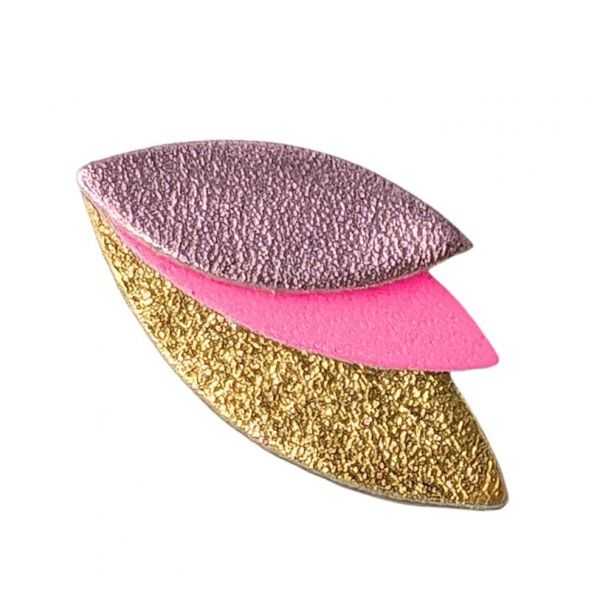 Broche en cuir "Josepha" trio de couleurs rose néon, jaune et doré