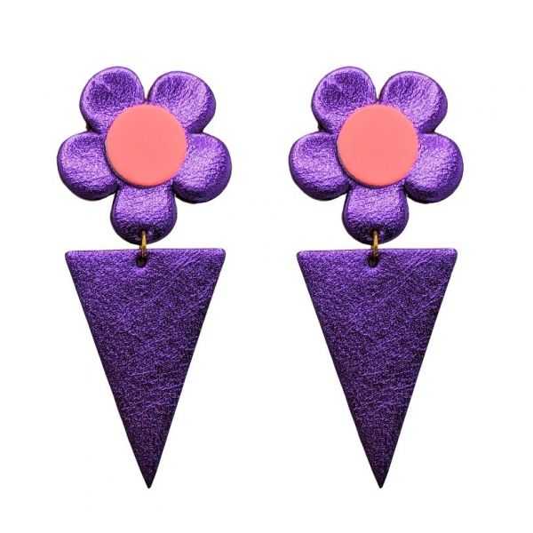 Boucles d'oreilles en cuir "Nicoletta" puces couleurs : violet métallisé et rose néon